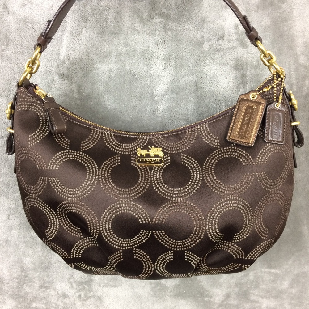 Coach Madison Bag Dotted Op Art Shoulder Hobo Leather Trim Brown READ 15929